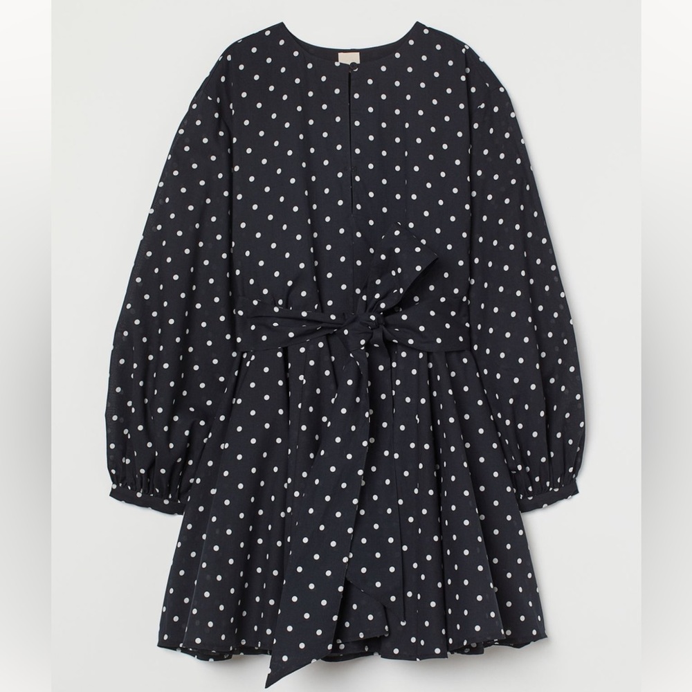 H&M, x-large, black with white polka dots short dress in woven cotton fabric.